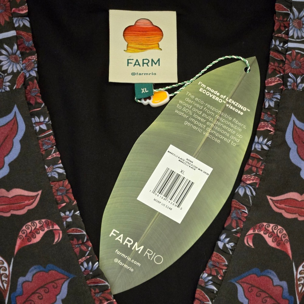 FARM Rio Marcelle Floral Mini Dress XL Black Boho Long Sleeve V Neck NWT - Picture 13 of 16